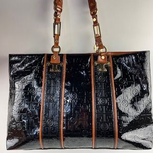 Tory Burch Lux T Tote Black Patent with Tan and gold metal trim